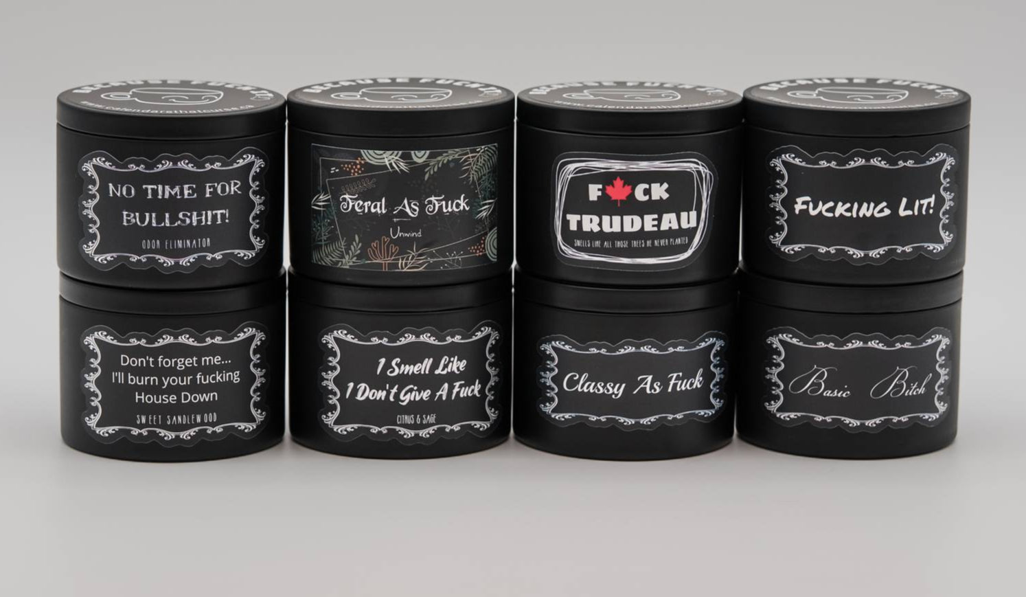 Set of black containers with white text on a gray background
